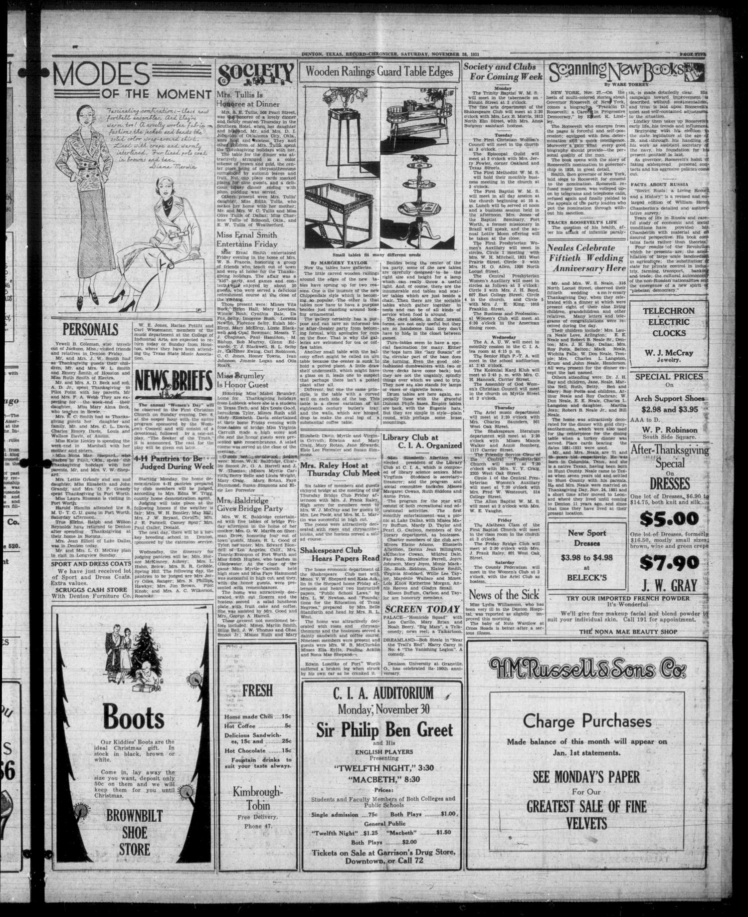 Denton Record-Chronicle (Denton, Tex.), Vol. 31, No. 91, Ed. 1 Saturday, November 28, 1931
                                                
                                                    [Sequence #]: 5 of 8
                                                