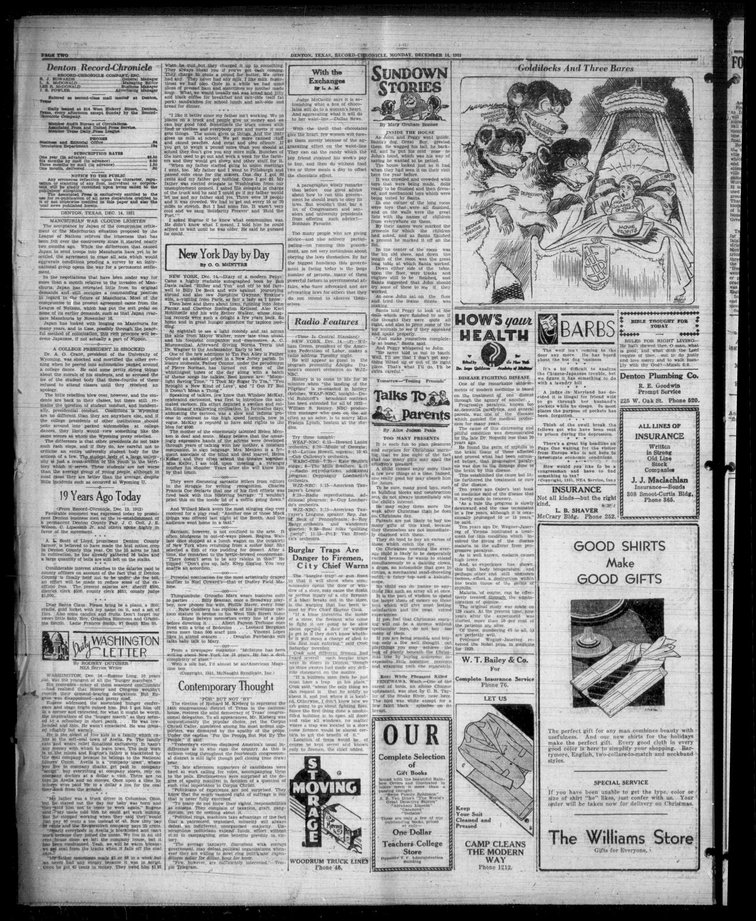 Denton Record-Chronicle (Denton, Tex.), Vol. 31, No. 104, Ed. 1 Monday, December 14, 1931
                                                
                                                    [Sequence #]: 2 of 8
                                                