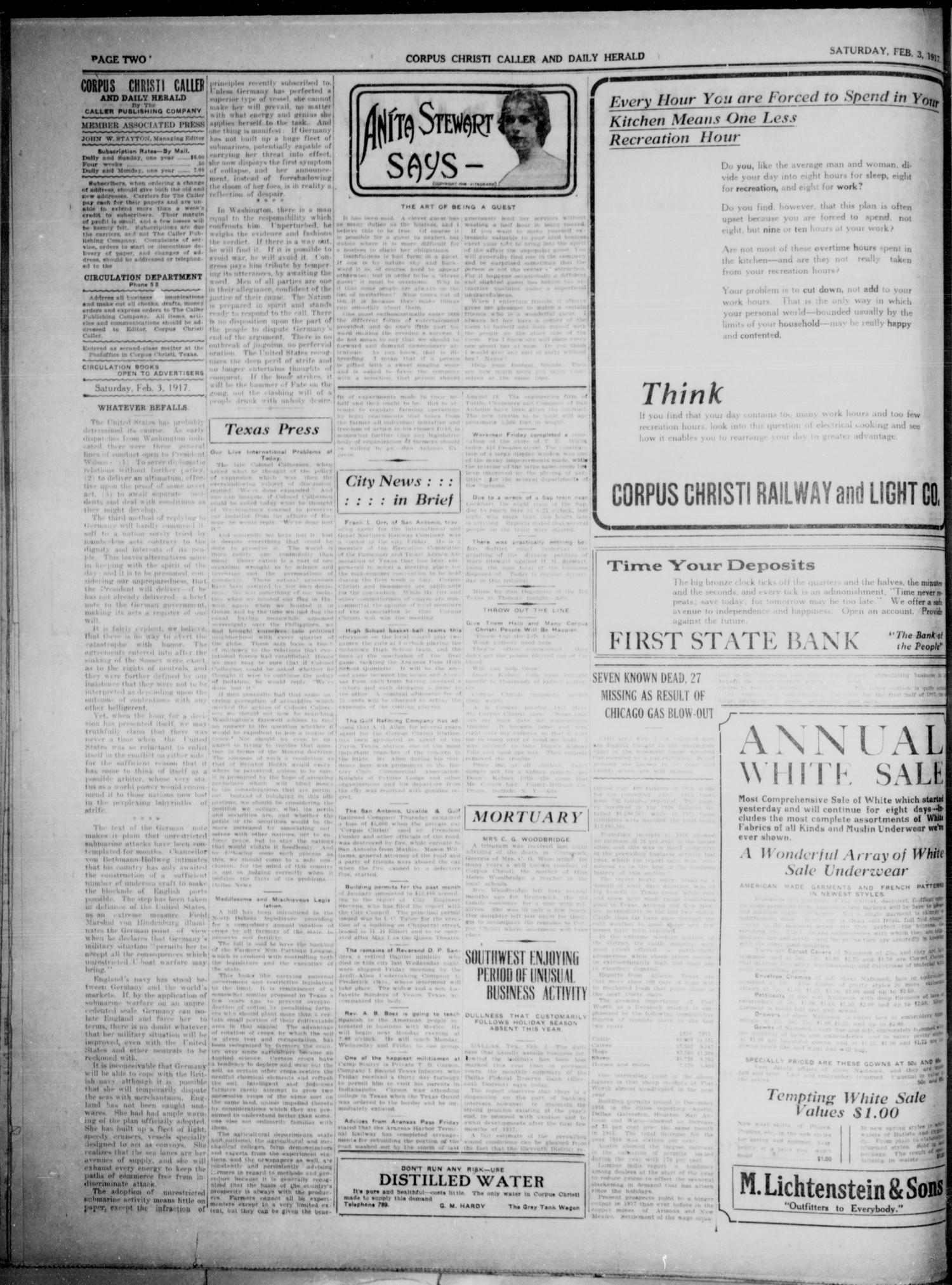 Corpus Christi Caller and Daily Herald (Corpus Christi, Tex.), Vol. 19, No. 49, Ed. 1, Saturday, February 3, 1917
                                                
                                                    [Sequence #]: 2 of 4
                                                