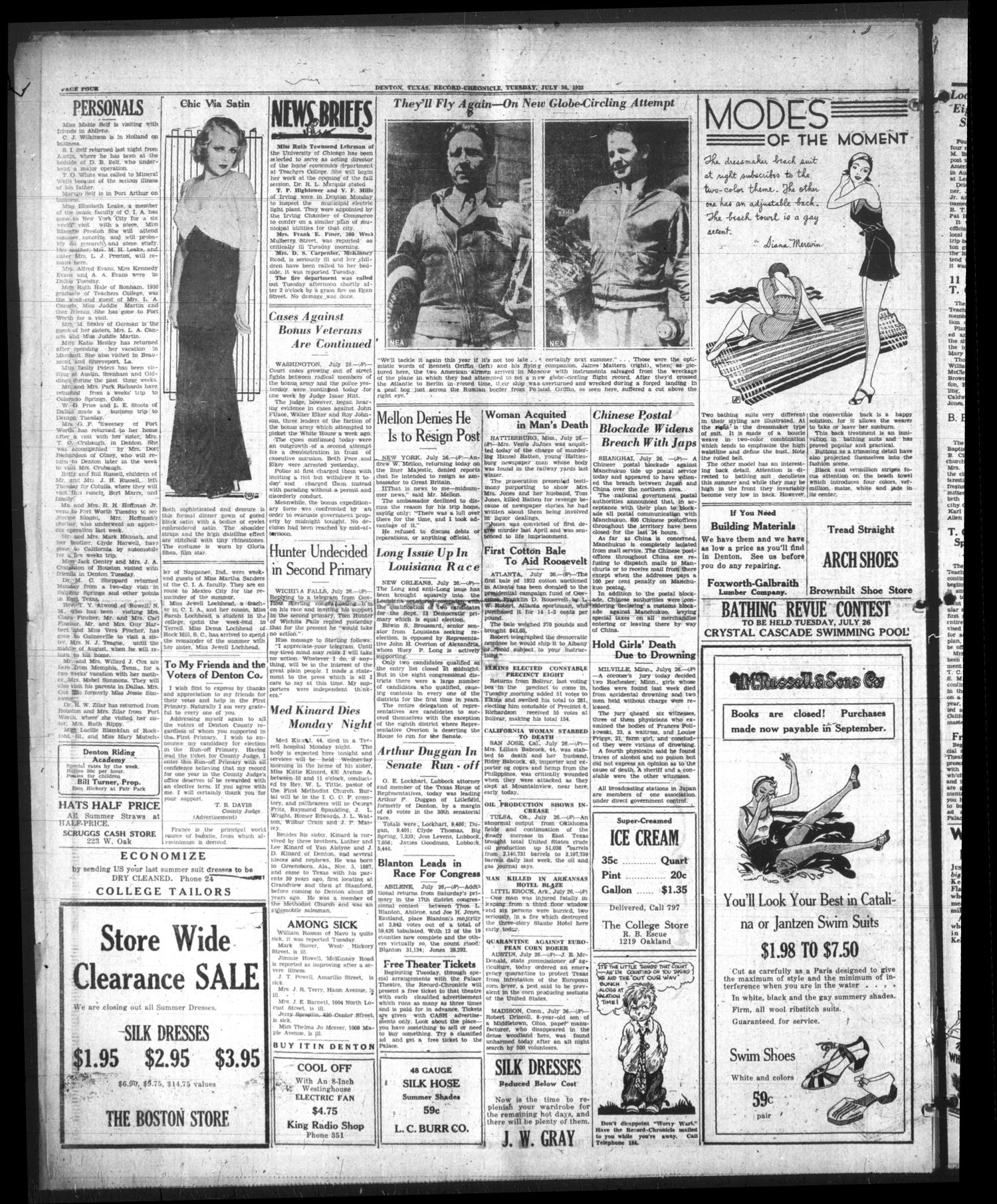 Denton Record-Chronicle (Denton, Tex.), Vol. 31, No. 297, Ed. 1 Tuesday, July 26, 1932
                                                
                                                    [Sequence #]: 4 of 8
                                                
