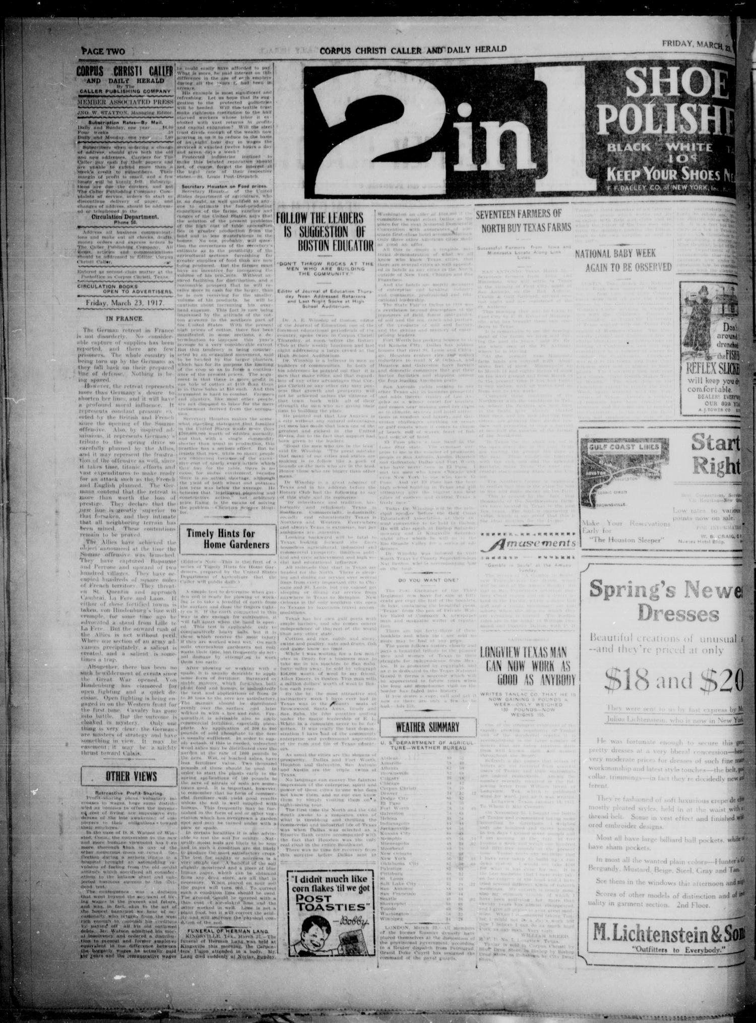 Corpus Christi Caller and Daily Herald (Corpus Christi, Tex.), Vol. 19, No. 90, Ed. 1, Friday, March 23, 1917
                                                
                                                    [Sequence #]: 2 of 4
                                                