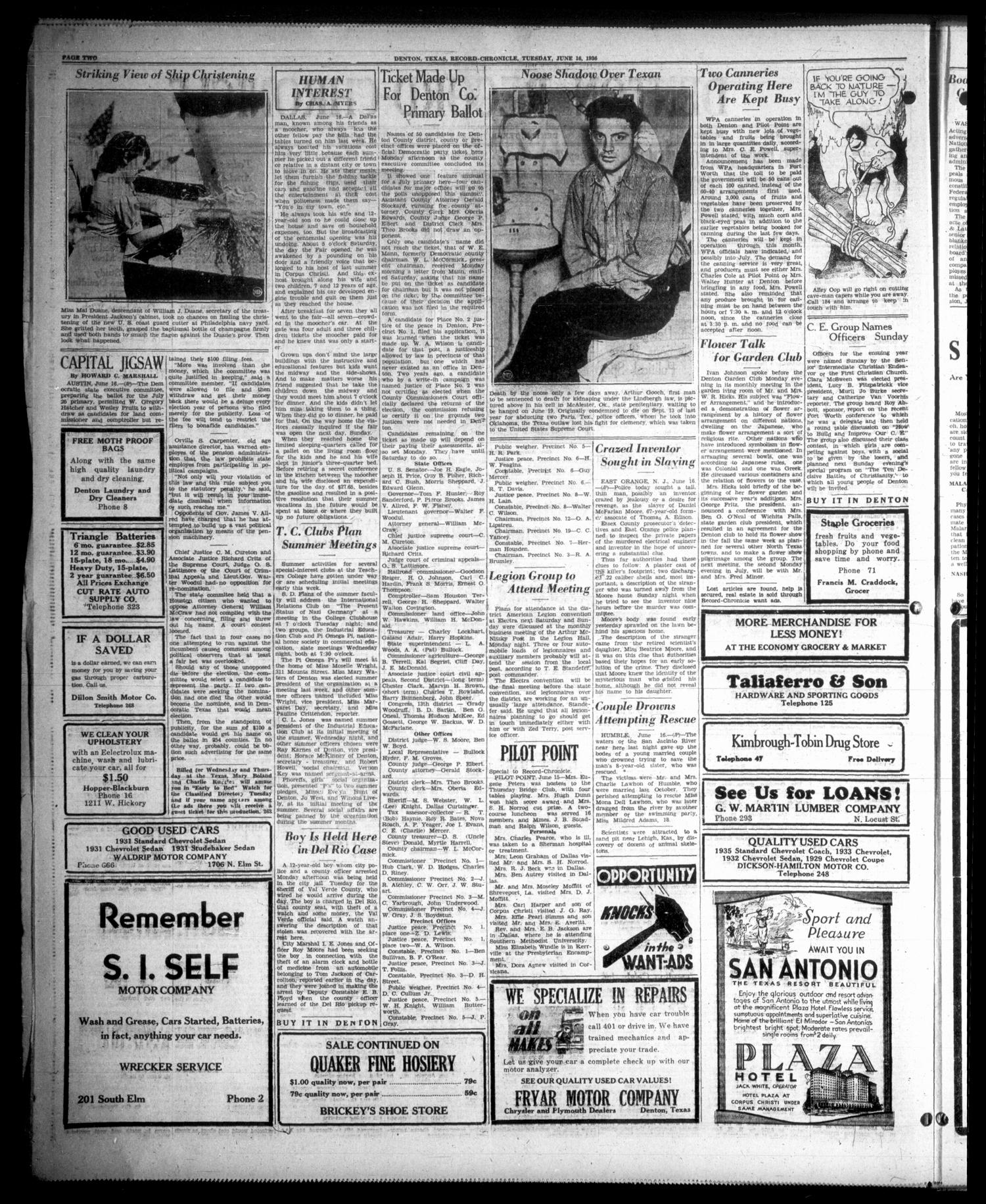 Denton Record-Chronicle (Denton, Tex.), Vol. 35, No. 263, Ed. 1 Tuesday, June 16, 1936
                                                
                                                    [Sequence #]: 2 of 8
                                                