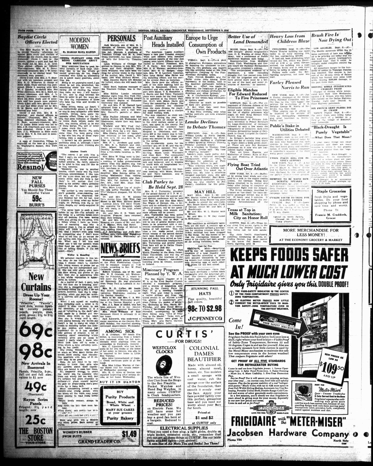 Denton Record-Chronicle (Denton, Tex.), Vol. 36, No. 22, Ed. 1 Wednesday, September 9, 1936
                                                
                                                    [Sequence #]: 4 of 8
                                                