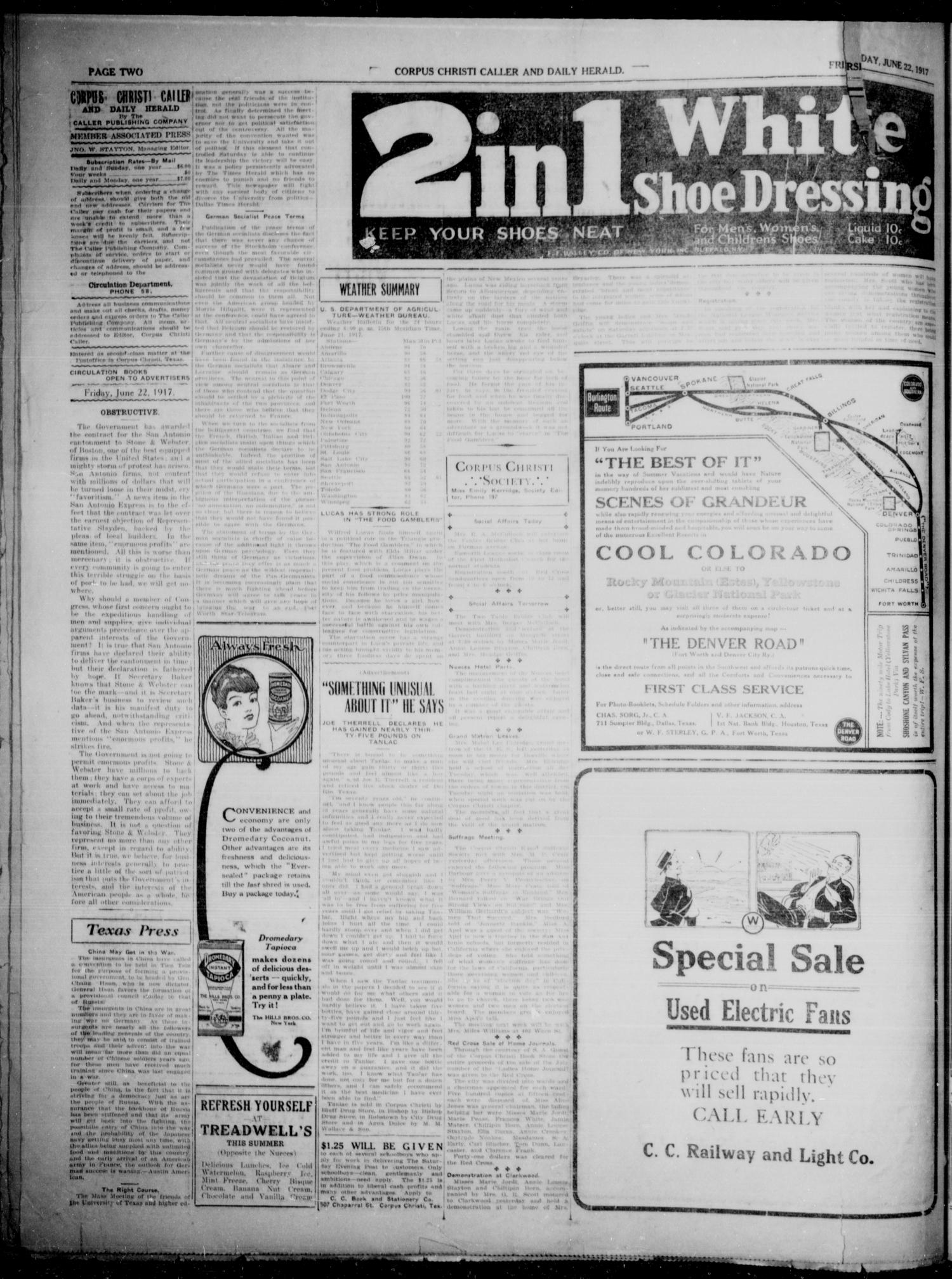 Corpus Christi Caller and Daily Herald (Corpus Christi, Tex.), Vol. 19, No. 168, Ed. 1, Friday, June 22, 1917
                                                
                                                    [Sequence #]: 2 of 4
                                                