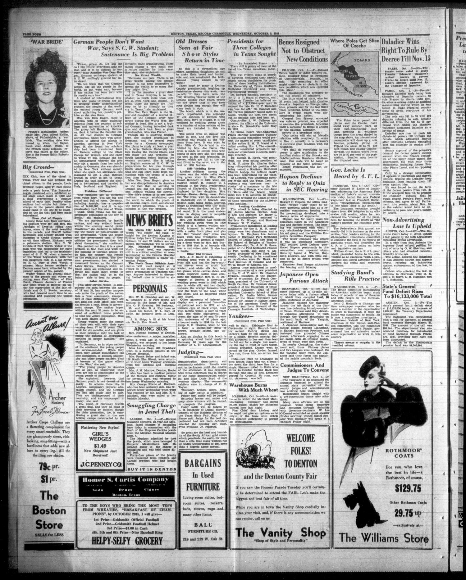 Denton Record-Chronicle (Denton, Tex.), Vol. 38, No. 44, Ed. 1 Wednesday, October 5, 1938
                                                
                                                    [Sequence #]: 4 of 8
                                                
