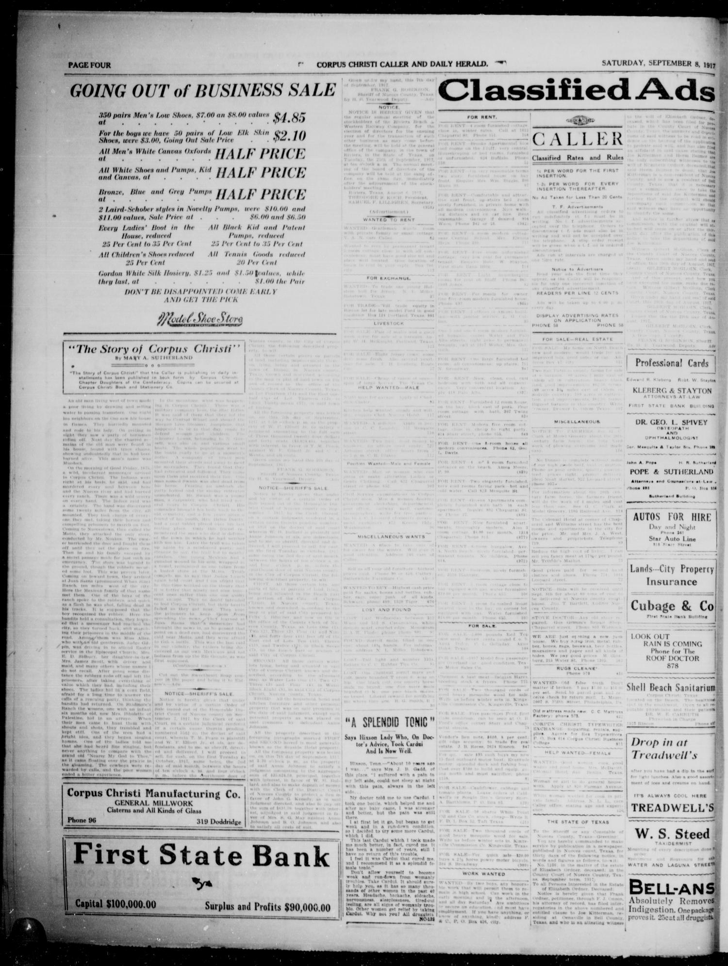 Corpus Christi Caller and Daily Herald (Corpus Christi, Tex.), Vol. 19, No. 234, Ed. 1, Saturday, September 8, 1917
                                                
                                                    [Sequence #]: 4 of 4
                                                