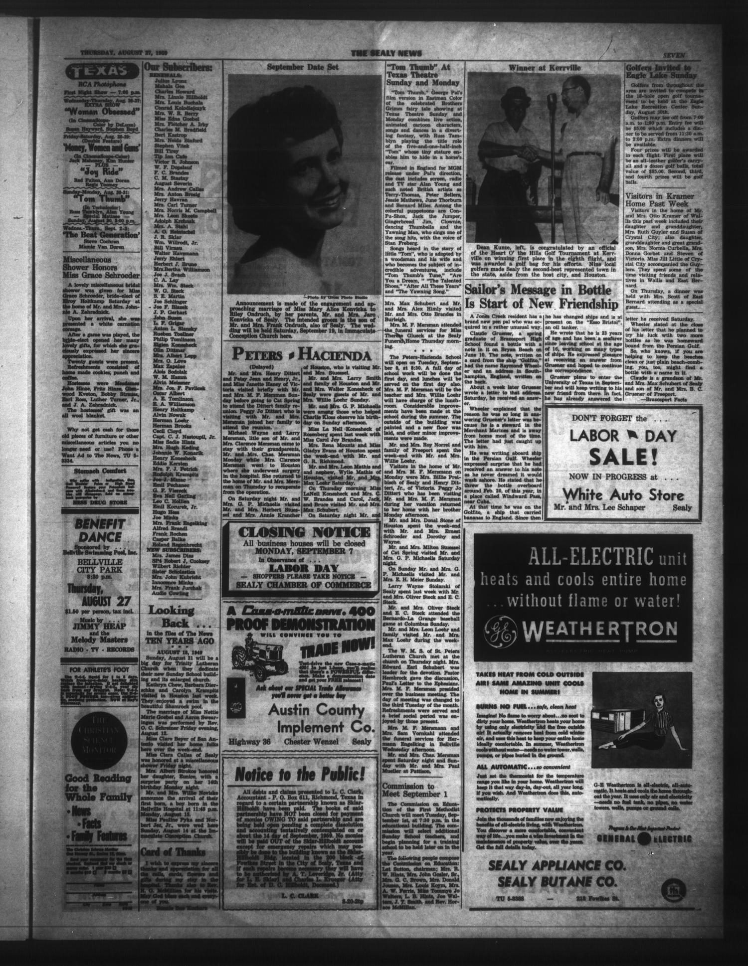 The Sealy News (Sealy, Tex.), Vol. 71, No. 25, Ed. 1 Thursday, August 27, 1959
                                                
                                                    [Sequence #]: 7 of 8
                                                