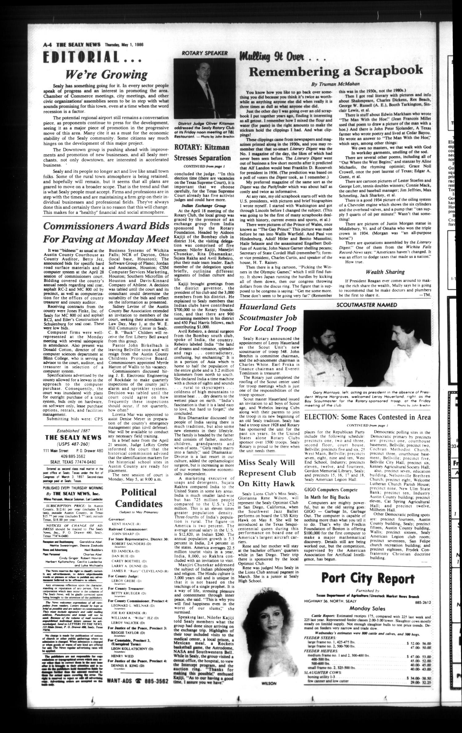 The Sealy News (Sealy, Tex.), Vol. 99, No. 7, Ed. 1 Thursday, May 1, 1986
                                                
                                                    [Sequence #]: 4 of 48
                                                
