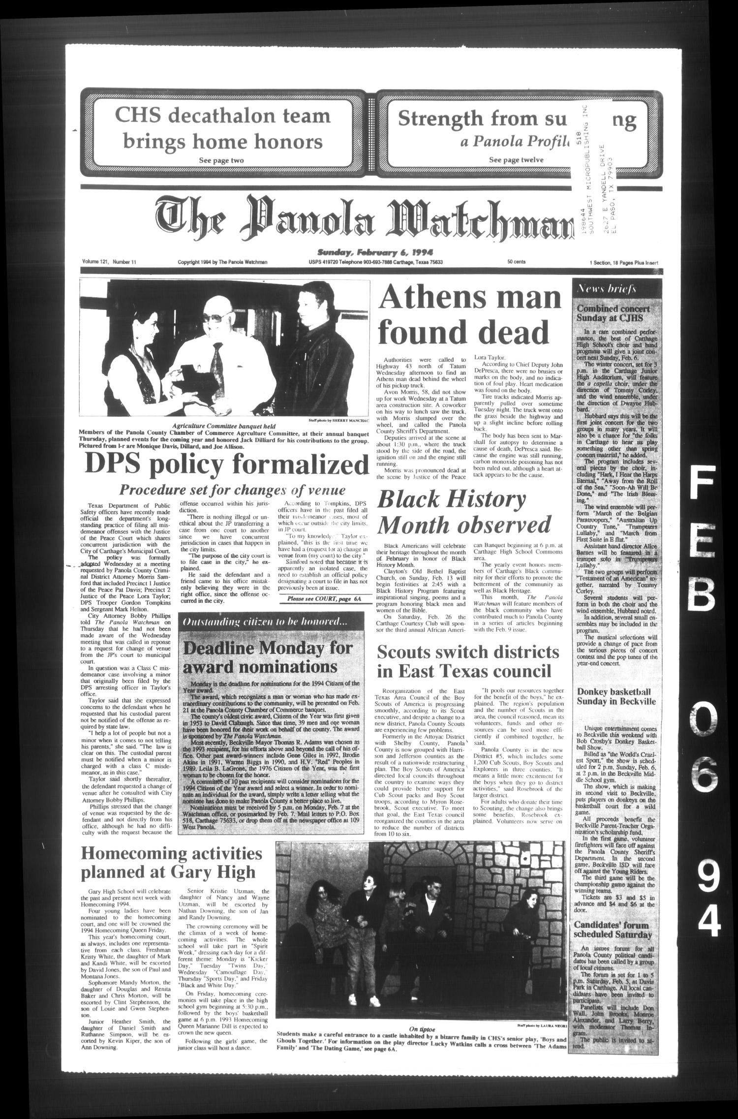 The Panola Watchman (Carthage, Tex.), Vol. 121, No. 11, Ed. 1 Sunday, February 6, 1994
                                                
                                                    [Sequence #]: 1 of 16
                                                