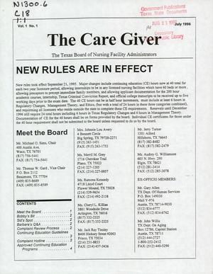 Primary view of object titled 'The Care Giver, Volume 1, Number 1, July 1996'.