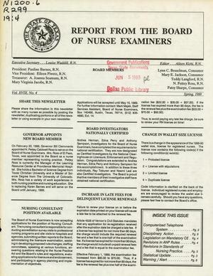 Primary view of object titled 'Report from the Board of Nurse Examiners, Volume 19, Number 4, Spring 1989'.