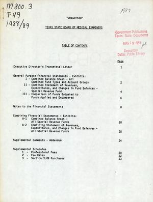 Primary view of object titled 'Texas State Board of Medical Examiners Annual Financial Report: 1989'.