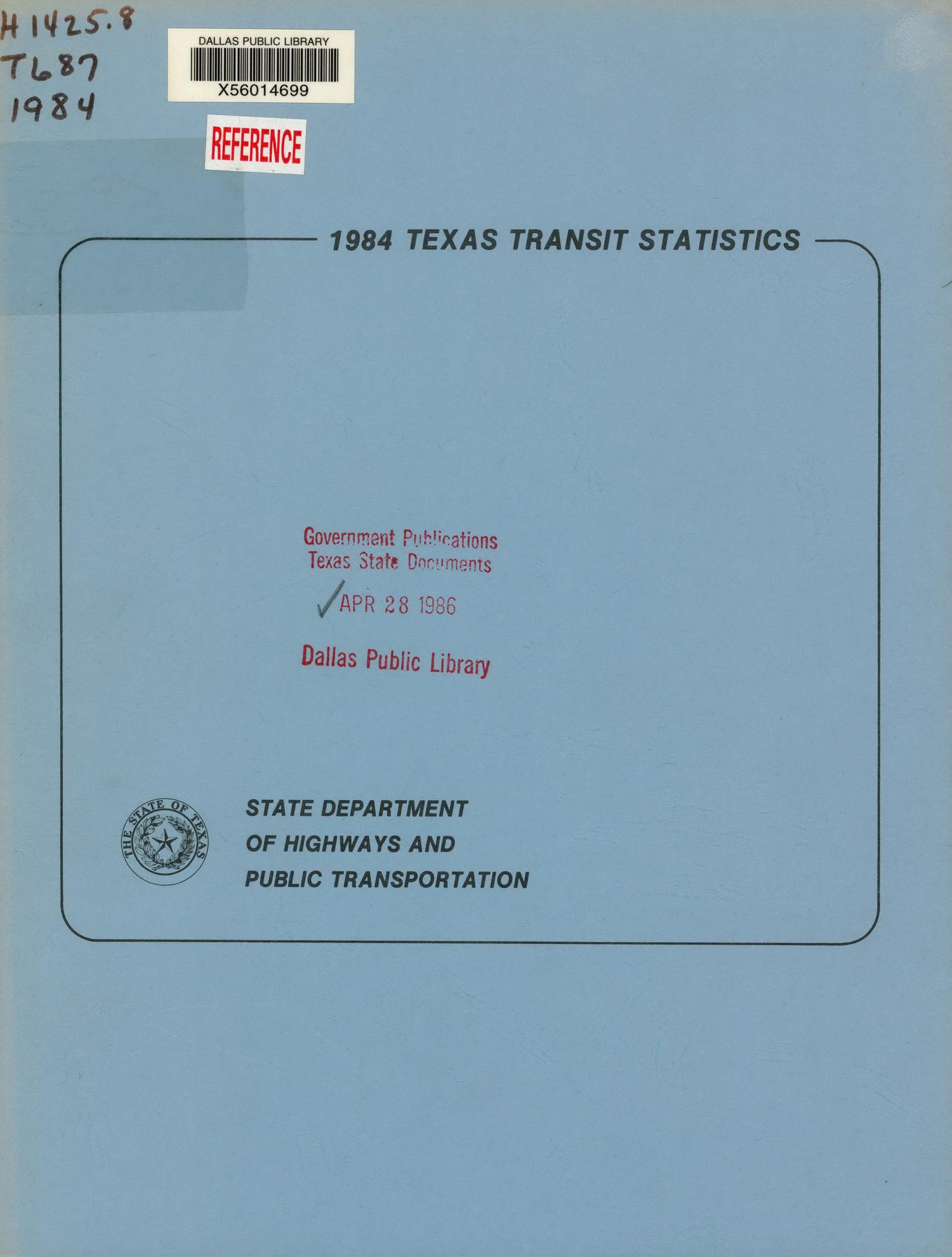 Texas Transit Statistics: 1984
                                                
                                                    FRONT COVER
                                                