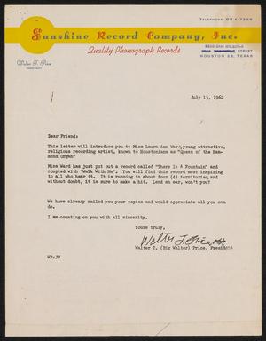 Primary view of object titled '[Letter from Walter T. Price - July 13, 1962]'.