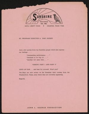 Primary view of object titled '[Letter from Sunshine Record Co., Inc]'.