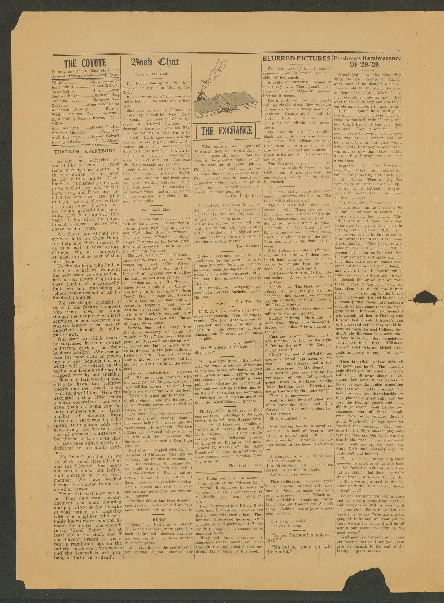 Weatherford College Coyote (Weatherford, Tex.), Vol. 3, No. 18, Ed. 1 Wednesday, May 29, 1929
                                                
                                                    [Sequence #]: 2 of 4
                                                