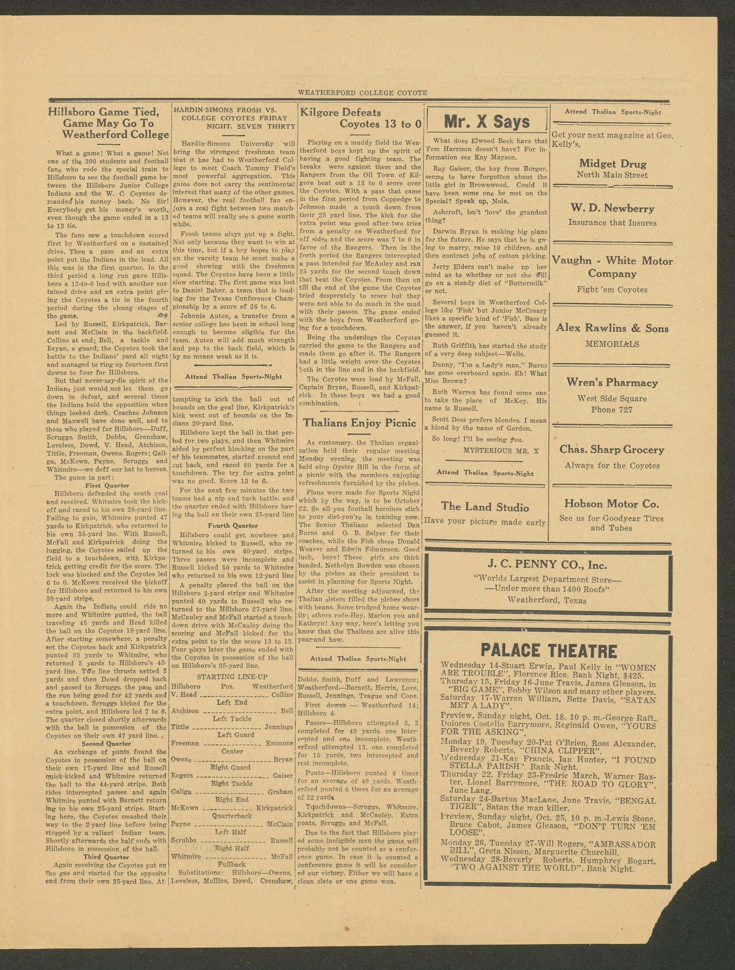 Weatherford College Coyote (Weatherford, Tex.), Vol. 11, No. 2, Ed. 1 Wednesday, October 14, 1936
                                                
                                                    [Sequence #]: 3 of 4
                                                