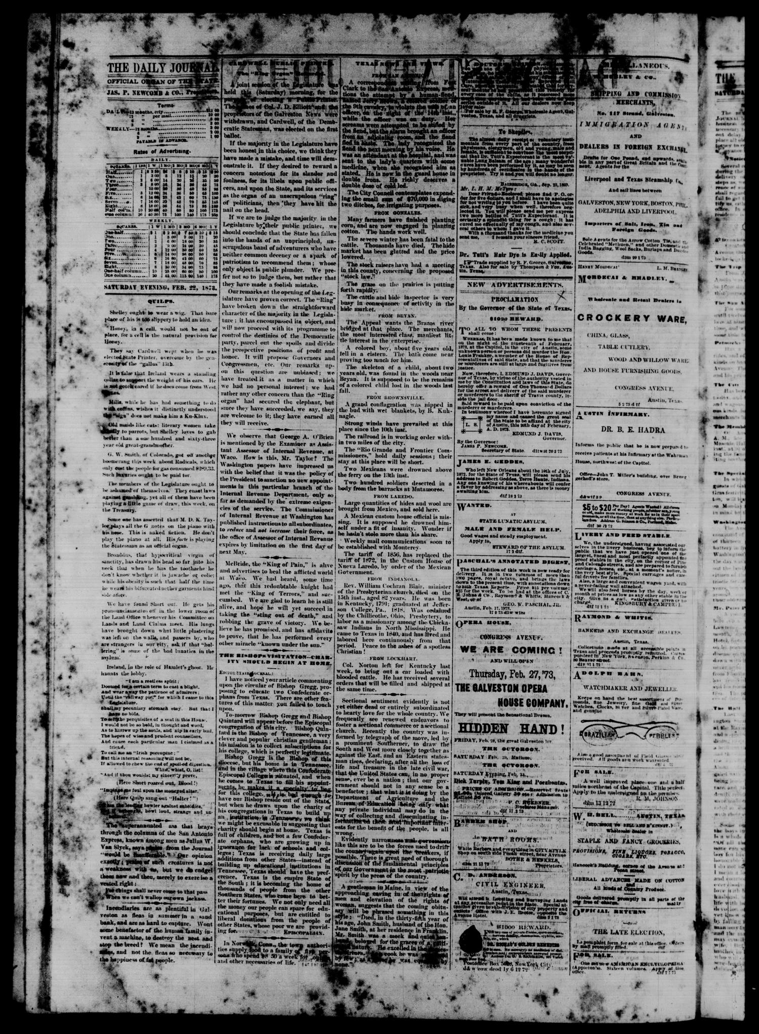 Daily State Journal. (Austin, Tex.), Vol. 4, No. 20, Ed. 1 Saturday, February 22, 1873
                                                
                                                    [Sequence #]: 2 of 4
                                                