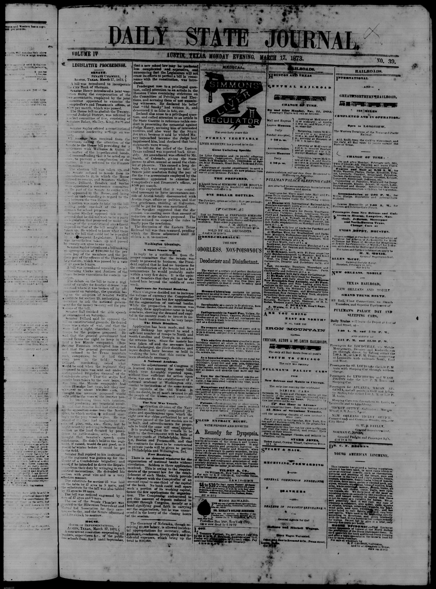 Daily State Journal. (Austin, Tex.), Vol. 4, No. 39, Ed. 1 Monday, March 17, 1873
                                                
                                                    [Sequence #]: 1 of 8
                                                