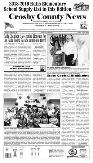 Primary view of object titled 'Crosby County News (Ralls, Tex.), Vol. 131, No. 30, Ed. 1 Friday, July 27, 2018'.