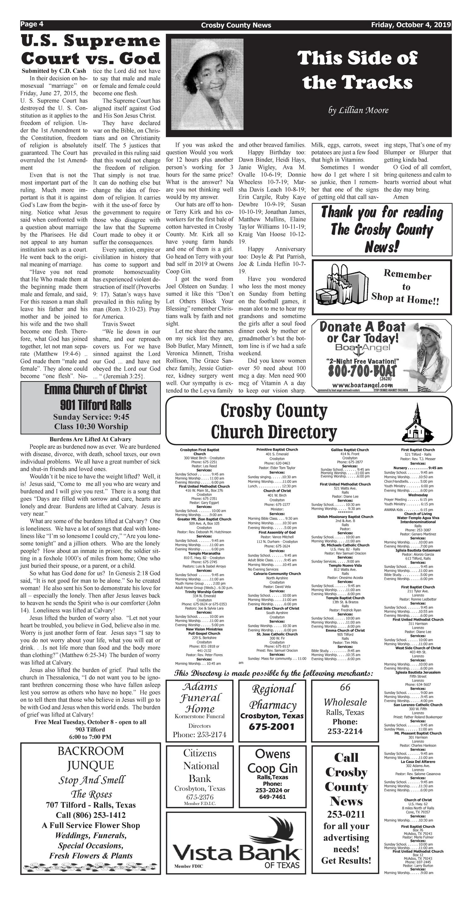 Crosby County News (Ralls, Tex.), Vol. 132, No. 39, Ed. 1 Friday, October 4, 2019
                                                
                                                    [Sequence #]: 4 of 14
                                                