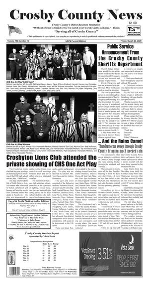 Primary view of Crosby County News (Ralls, Tex.), Vol. 133, No. 12, Ed. 1 Friday, March 20, 2020