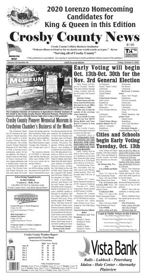 Primary view of object titled 'Crosby County News (Ralls, Tex.), Vol. 133, No. 40, Ed. 1 Friday, October 9, 2020'.