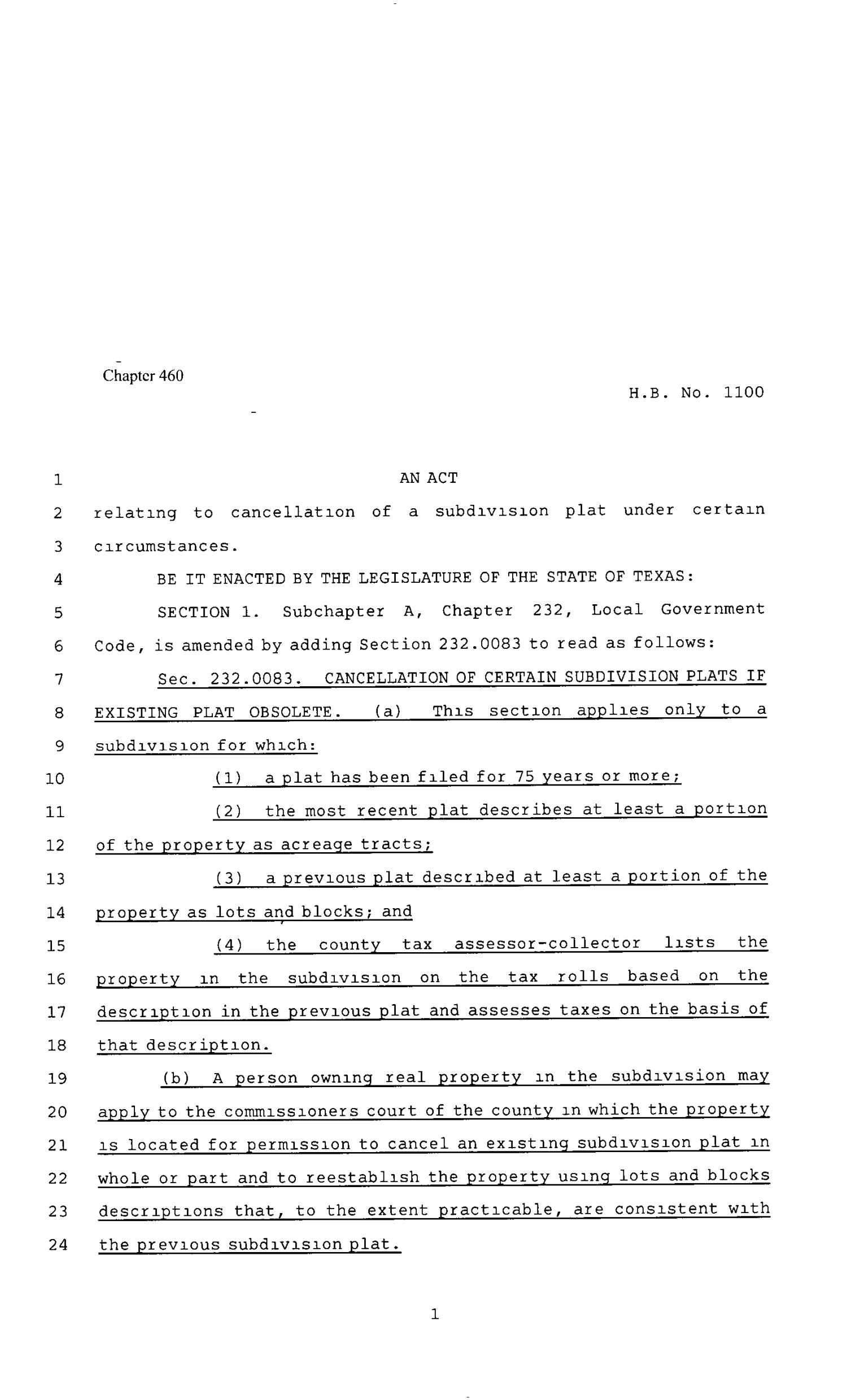 80th Texas Legislature Regular Session House Bill 1100 Chapter 460 The Portal To Texas History
