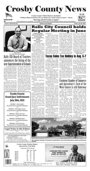 Crosby County News (Ralls, Tex.), Vol. 135, No. 29, Ed. 1 Friday, July 29, 2022