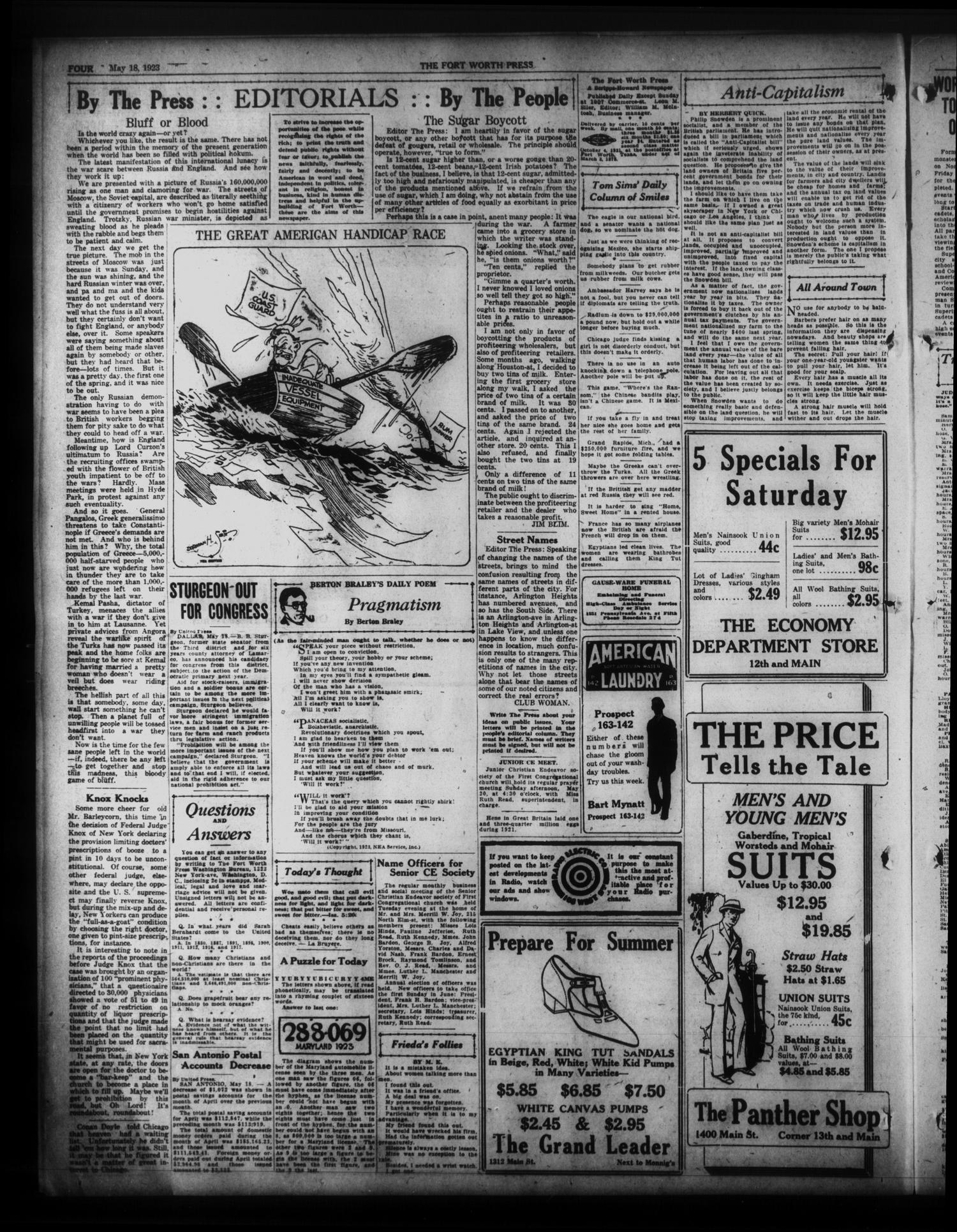 The Fort Worth Press (Fort Worth, Tex.), Vol. 2, No. 196, Ed. 1 Friday, May 18, 1923
                                                
                                                    [Sequence #]: 4 of 8
                                                