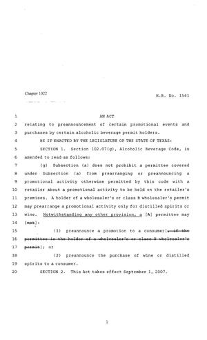 80th Texas Legislature. Regular Session, House Bill 1541, Chapter 1022