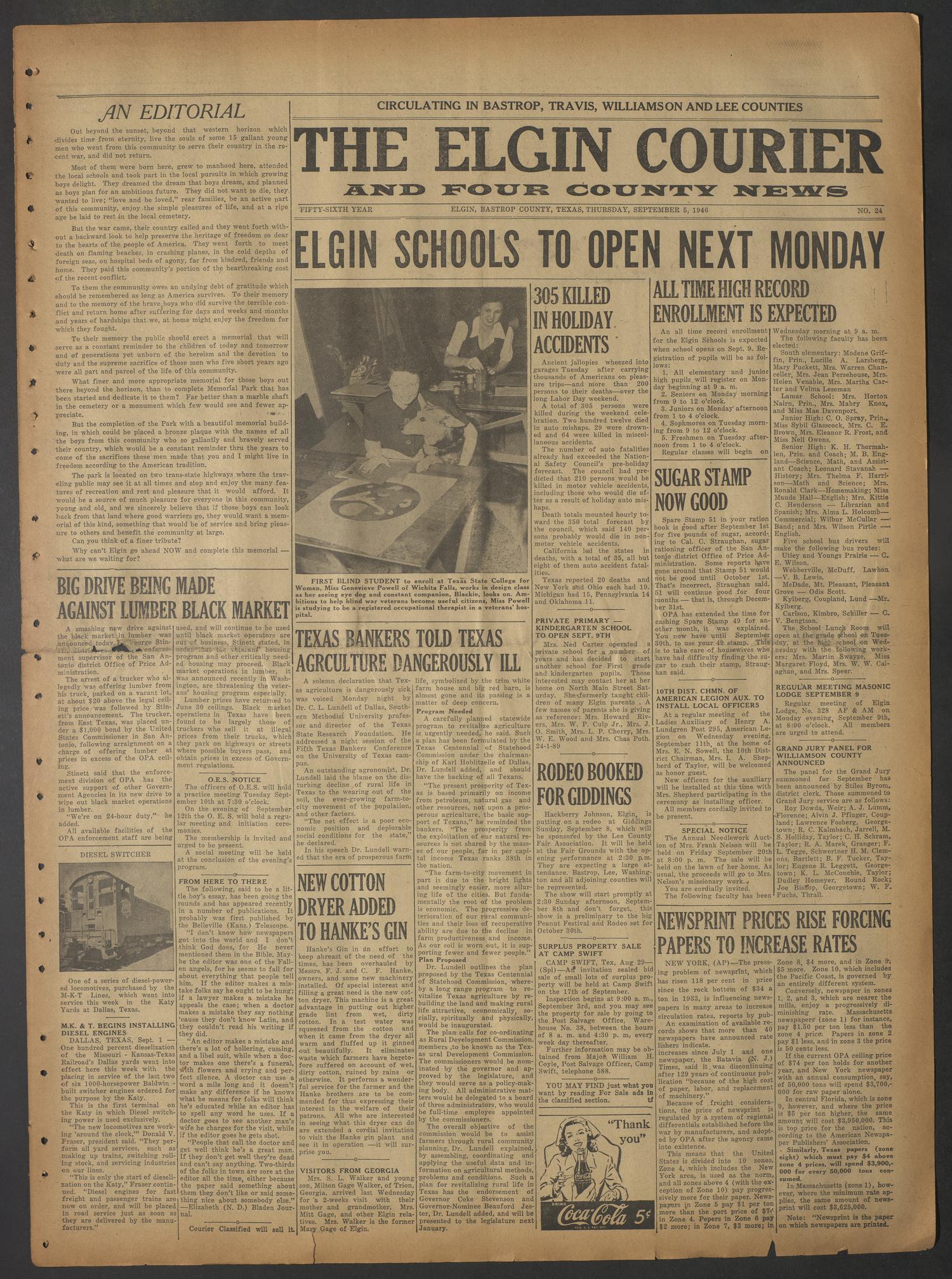 The Elgin Courier and Four County News (Elgin, Tex.), Vol. 56, No. 24, Ed. 1 Thursday, September 5, 1946
                                                
                                                    [Sequence #]: 1 of 8
                                                