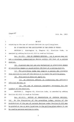 80th Texas Legislature, Regular Session, House Bill 1921, Chapter 697