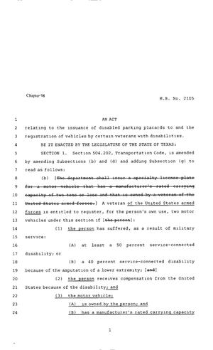 80th Texas Legislature, Regular Session, House Bill 2105, Chapter 98