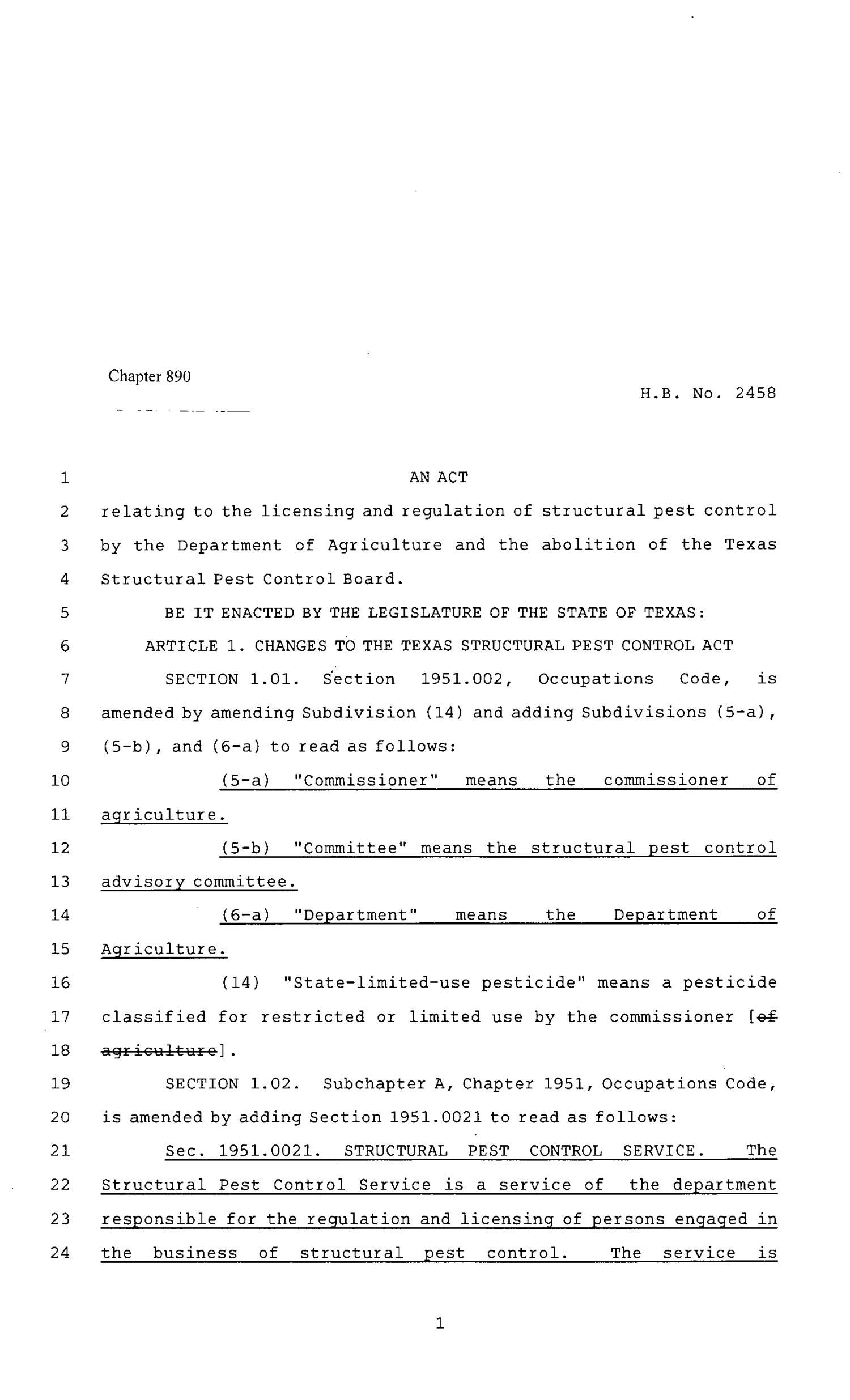 80th Texas Legislature, Regular Session, House Bill 2458, Chapter 890
                                                
                                                    [Sequence #]: 1 of 60
                                                
