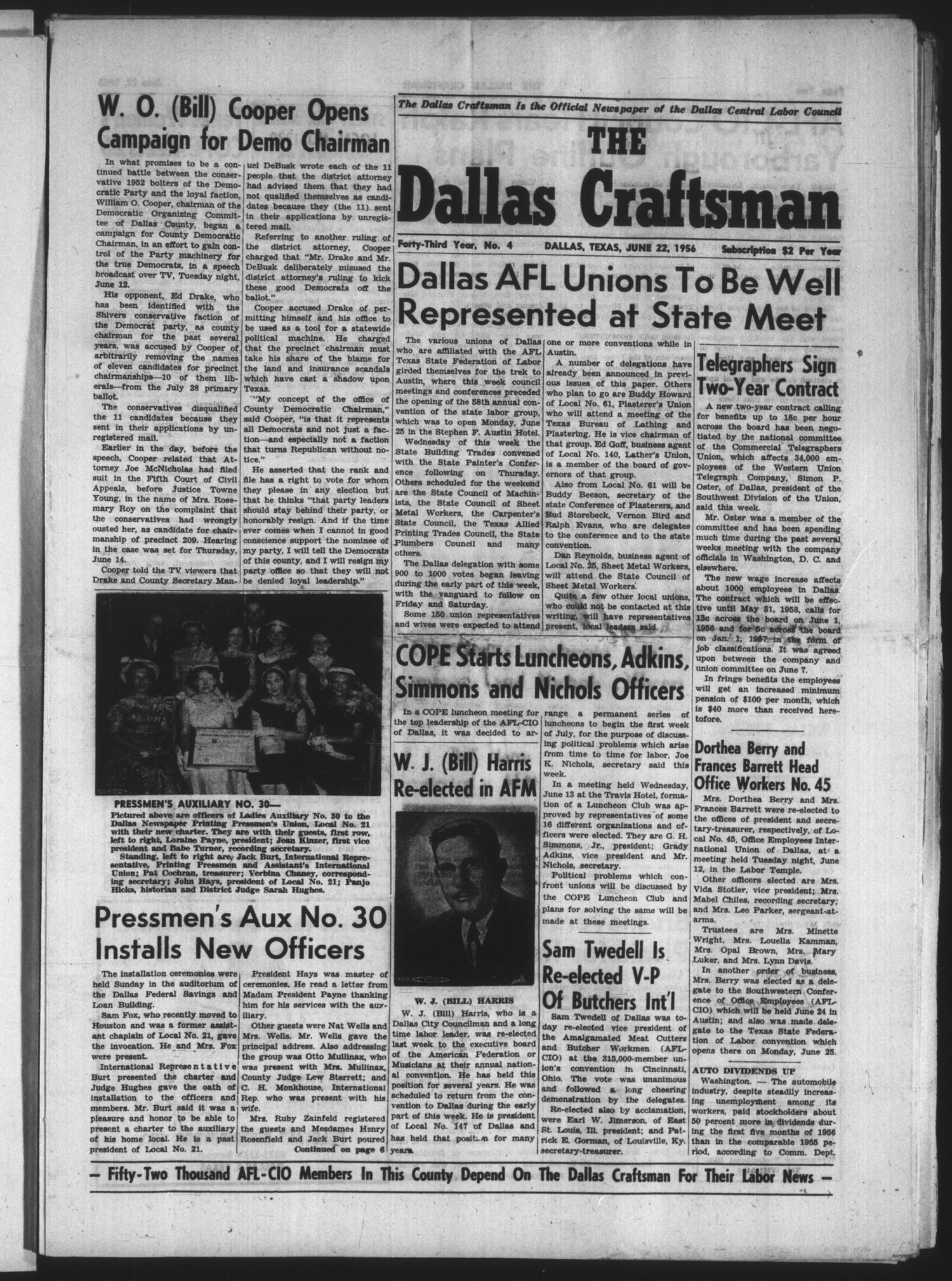 The Dallas Craftsman (Dallas, Tex.), Vol. 43, No. 4, Ed. 1 Friday, June 22, 1956
                                                
                                                    [Sequence #]: 1 of 8
                                                