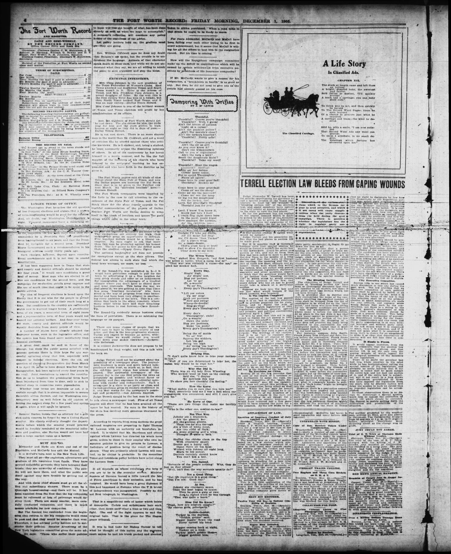 The Fort Worth Record and Register (Fort Worth, Tex.), Vol. 10, No. 47, Ed. 1 Friday, December 1, 1905
                                                
                                                    [Sequence #]: 4 of 10
                                                