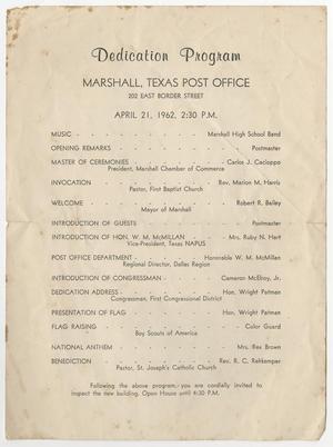 Primary view of object titled '[Program: Dediction Program, Marshall, Texas Post Office, April 21, 1962]'.