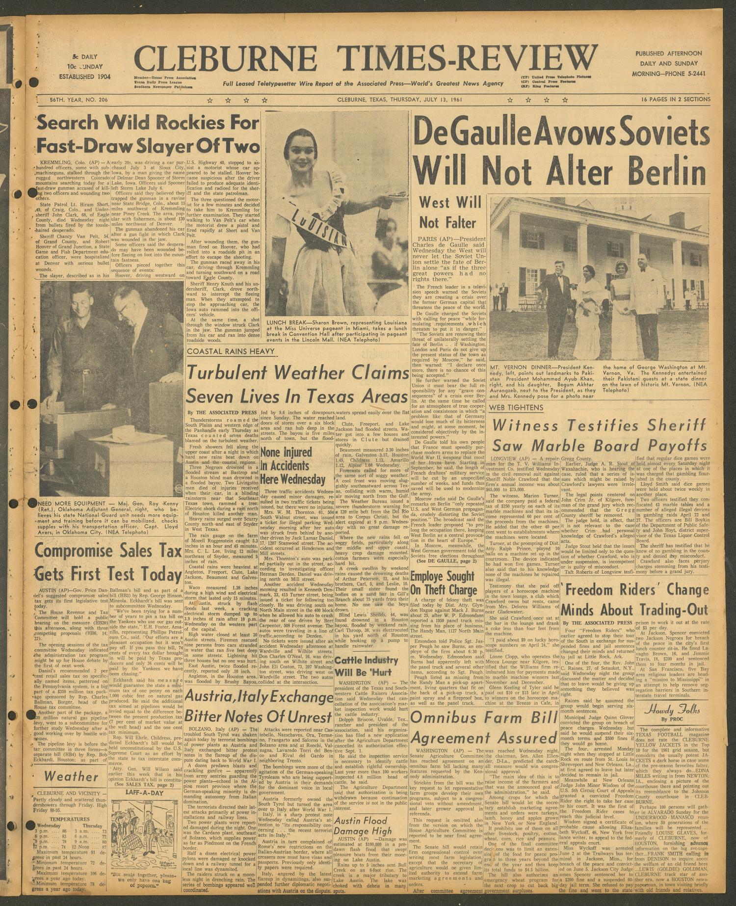 Cleburne Times-Review (Cleburne, Tex.), Vol. 56, No. 206, Ed. 1 Thursday, July 13, 1961
                                                
                                                    [Sequence #]: 1 of 16
                                                