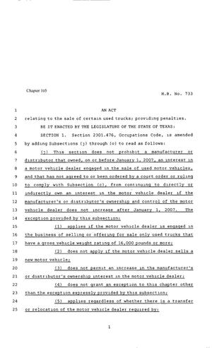 80th Texas Legislature, Regular Session, House Bill 733, Chapter 105