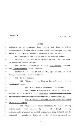 80th Texas Legislature, Regular Session, House Bill 741, Chapter 214