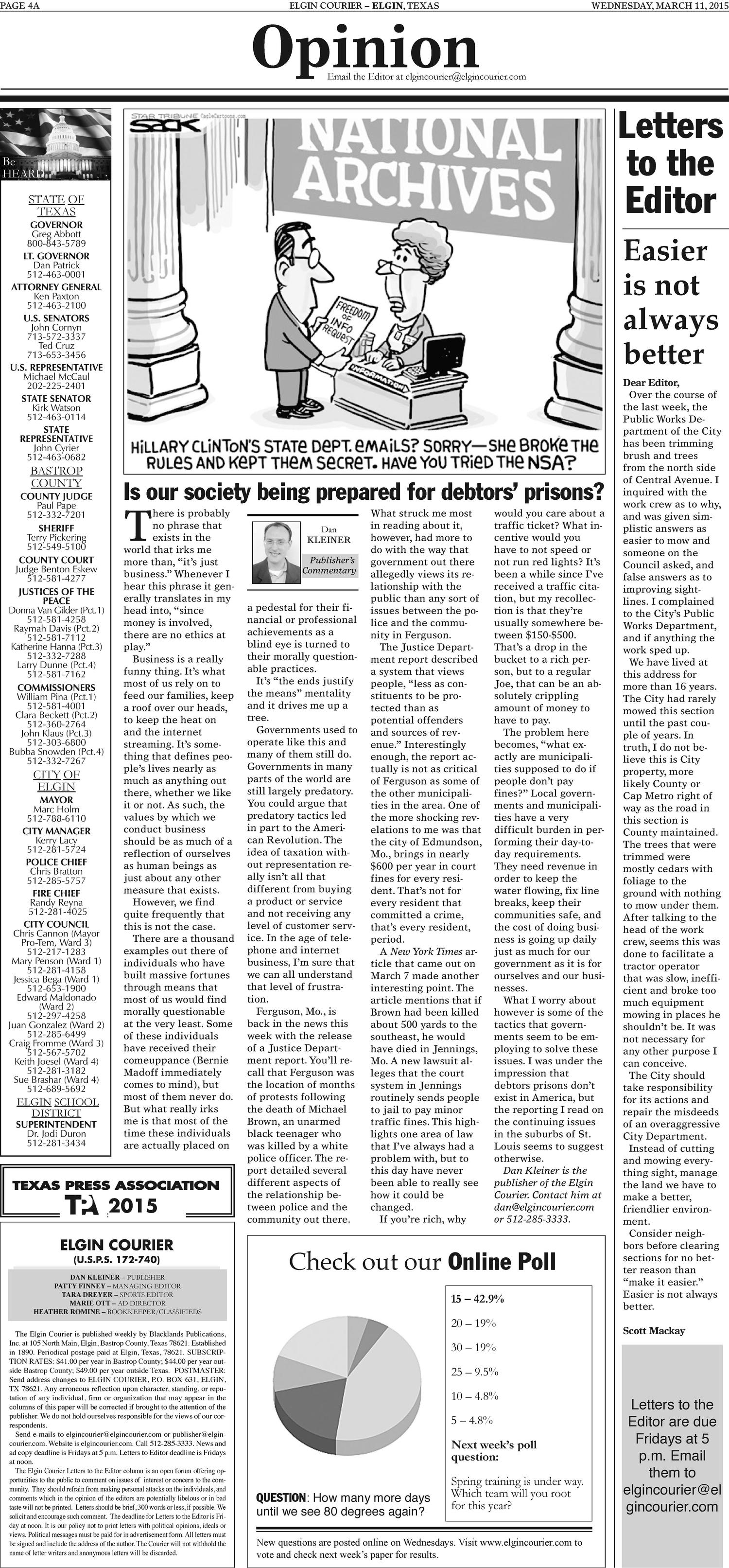 Elgin Courier (Elgin, Tex.), Vol. 125, No. 13, Ed. 1 Wednesday, March 11, 2015
                                                
                                                    [Sequence #]: 4 of 24
                                                