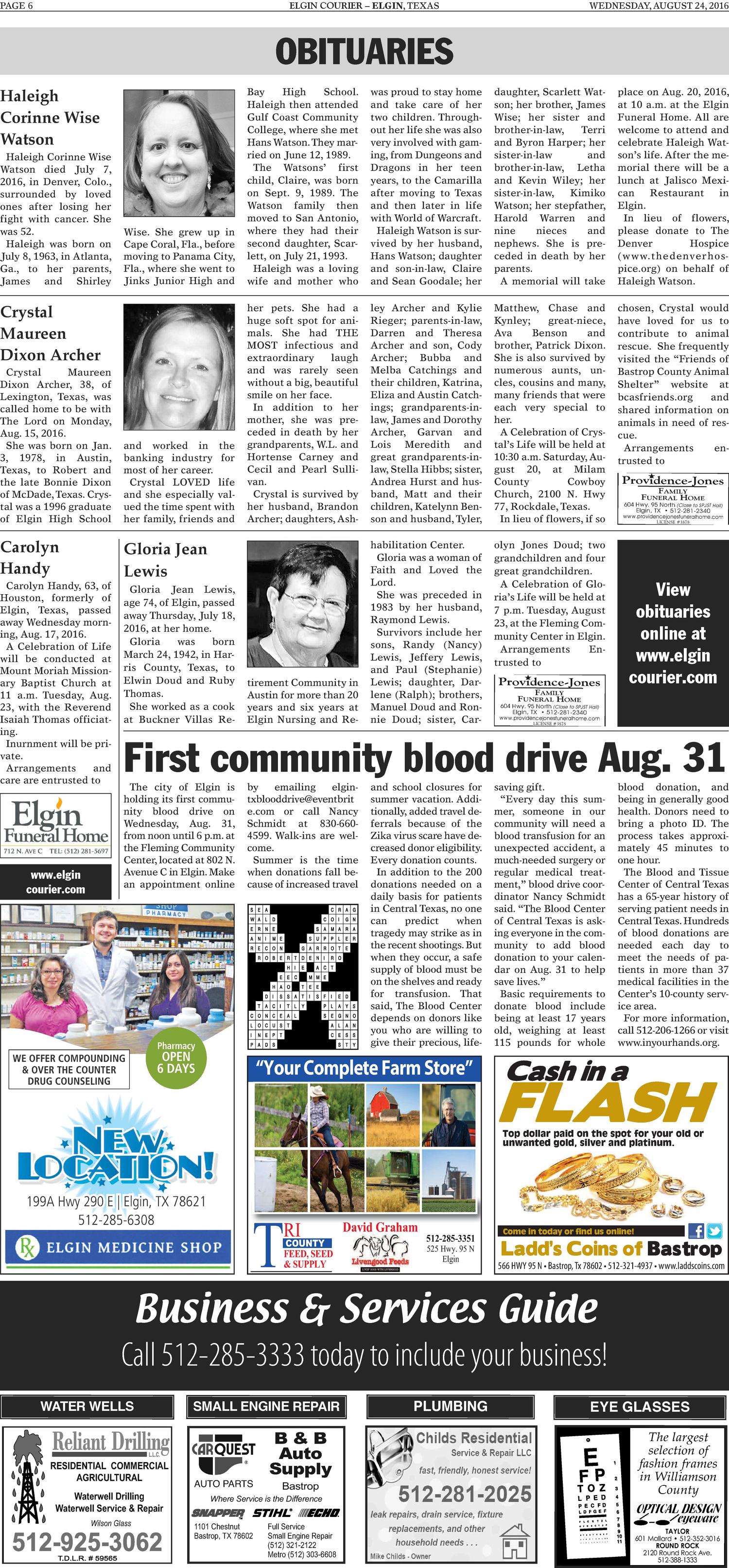 Elgin Courier (Elgin, Tex.), Vol. 126, No. 36, Ed. 1 Wednesday, August 24, 2016
                                                
                                                    [Sequence #]: 6 of 20
                                                