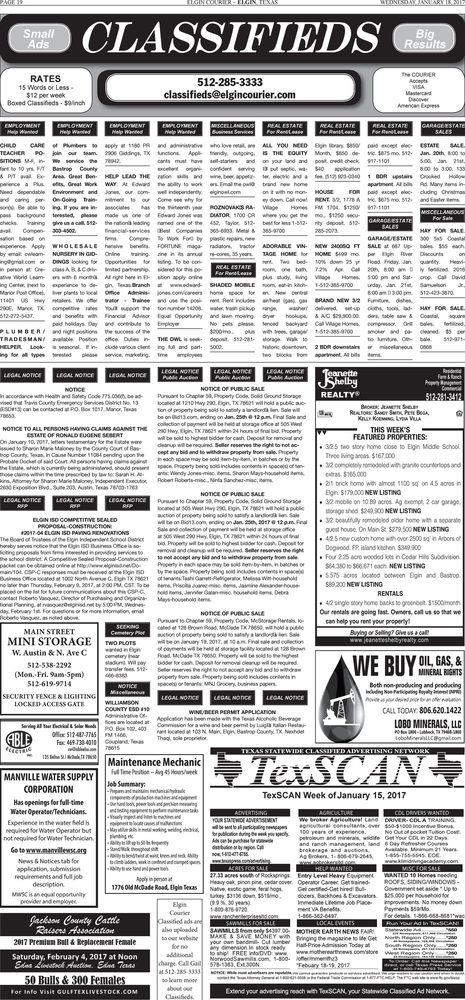 Elgin Courier (Elgin, Tex.), Vol. 127, No. 4, Ed. 1 Wednesday, January 18, 2017
                                                
                                                    [Sequence #]: 19 of 20
                                                