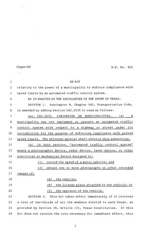 80th Texas Legislature, Regular Session, House Bill 922, Chapter 646