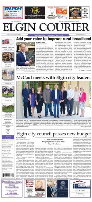 Primary view of object titled 'Elgin Courier (Elgin, Tex.), Vol. 128, No. 40, Ed. 1 Wednesday, October 3, 2018'.