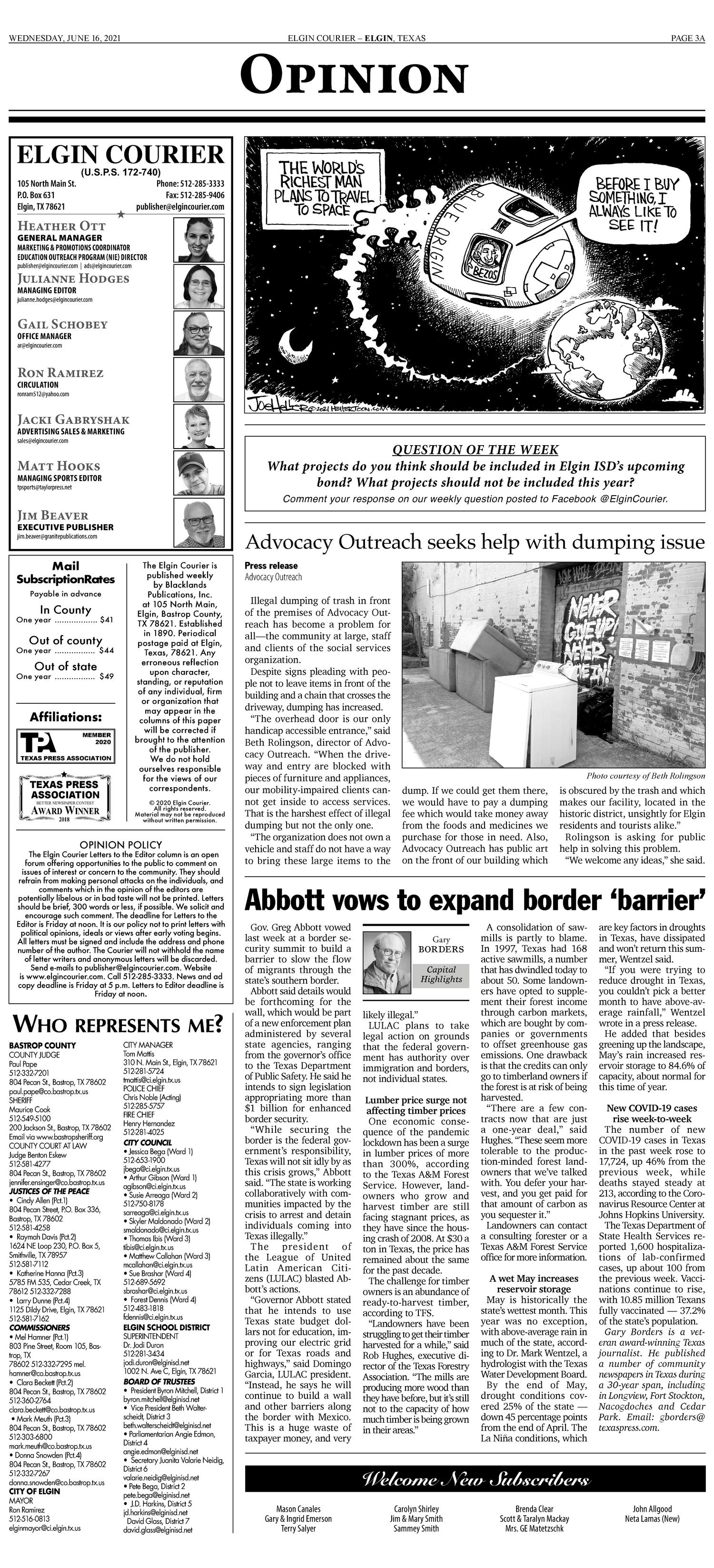 Elgin Courier (Elgin, Tex.), Vol. 131, No. 24, Ed. 1 Wednesday, June 16, 2021
                                                
                                                    [Sequence #]: 3 of 21
                                                