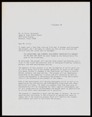[Letter from Michelle Barnes to W. Ervin - December 7, 1989]