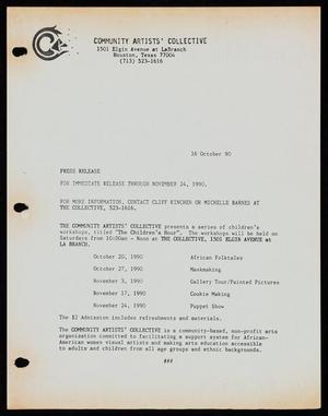 Primary view of object titled '[Press Release Announcing "The Children's Hour" Workshop Series - October 16, 1990]'.