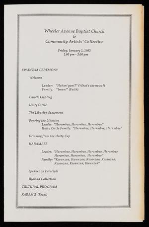 [Program for the Wheeler Avenue Baptist Church and Community Artists' Collective Kwanzaa Ceremony - January 1, 1993]